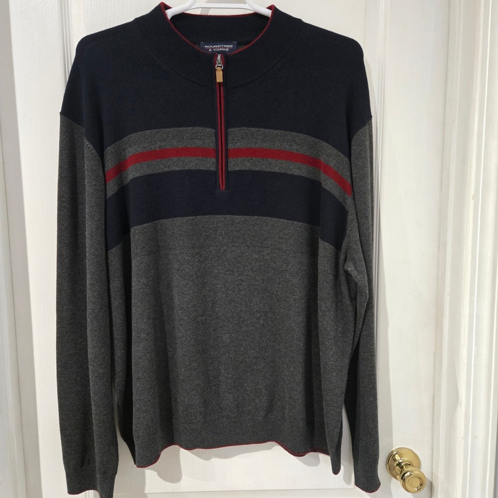 Roundtree & Yorke Quarter Zip Sweater Mens 3XB Grey Blue Striped Excellent Knit